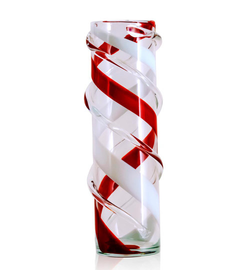 Red & White Swirl Art Glass Cylinder Vase