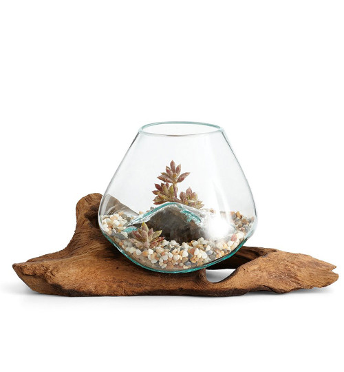 Teak Wood & Cohasset Molten Glass Sculpture 30cm